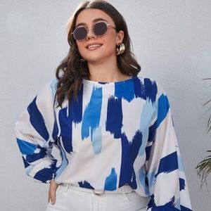 NEW BLUE AND WHITE BRUSH PRINT LANTERN SLEEVE BLOUSE